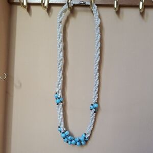 Elegant White and Blue Beaded Necklace